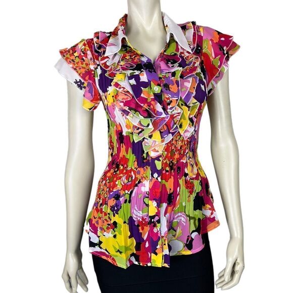 NWT Cathaya's Slimming S/S Blouse w/Colorful Floral Ruffles & Pleated Bodice SzM - Picture 8 of 15
